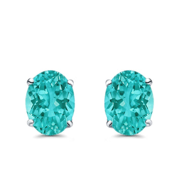 Art Deco Oval Wedding Bridal Solitaire Stud Earrings Simulated Paraiba Tourmaline CZ 925 Sterling Silver-7mmx5mm